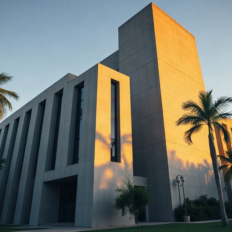 Fachada modernista de edifício premium em Brasília ao entardecer